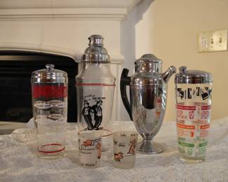 Frosted vintage barware shakers and shot glasses