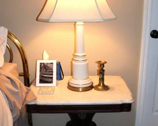 Antique table with marble top & lamp