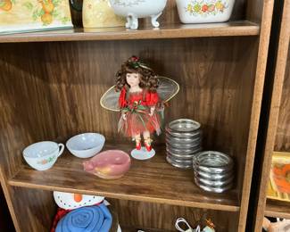 Anchor Hocking Fire King Milk Glass Cup & Bowl - Art Glass Iridescent Pink Shell - Leonardo Collection Porcelain Fairy Doll - Silver Plated & Glass Coasters