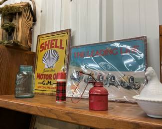 Metal Shell Oil Signs - Ball Mason Jar - Avon Thermos Decanter Bottle - Red Metal Oil Squirt Can