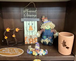 Halloween Items including Signs, Ornament Holders - Plush Scarecrow & Candle Holder
