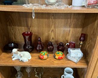 Ruby Red Glass Items - Homco Sheep & Baby Figurine - Condiment Pots
