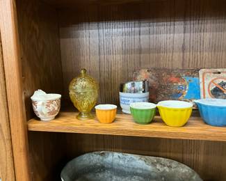 Fair Winds Historical Scenes Brown Transferware Cup - Avon Yellow Embossed Egg Candy / Trinket Covered Dish - Ceramic Stackable Measuring Cups