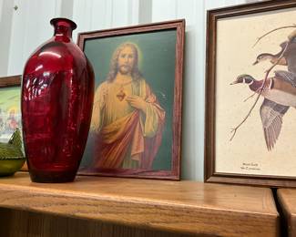 Red Glass Vase - Framed Print "Sacred Heart of Jesus"