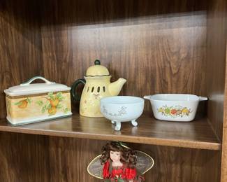 Jay Import Ceramic Recipe Box - Home Interiors Ceramic Teapot Candle Cover/Warmer - Lefton Bowl - Corning Ware "Spice of Life" Petite Casserole Dish