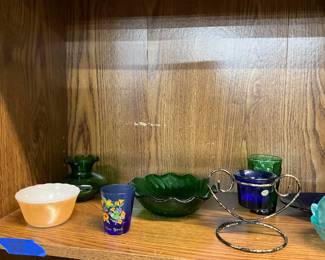 Fire King Peach Luster Custard Cup - Green Glass Vase - Glass Shot Glass - Anchor Hocking Swirl Green Bowl - Metal Votive Candle Holder