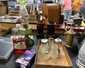 Green Glass Kerosene / Oil Lamp - Roku Express Streaming Devise Box - Diamond Point Clear Glass Condiment Set - Covered Stein - Metal Cow Bell