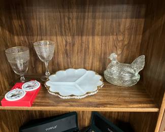 Etched Glass Wine Glasses - Norman Rockwell 1997 Porcelain Ornaments - Anchor Hocking Milk Glass Relish Tray - L.E. Smith Clear Glass Hen on Nest