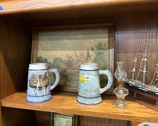 Tom O'Brien American Animal Steins "The Wolf" & "The Bald Eagle" - Clear Glass Oil Lamp