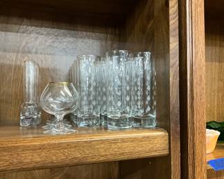Clear Glass Items - Bud Vases * Cognac Snifter * Tall Etched Glasses