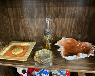 Large Ceramic Ashtray - Norleans Ribbons & Bows Bell - Amber Carnival Glass Ashtray - Ceramic Leaf Shaped Dish (Hull??)