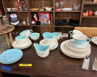 Taylor Smith & Taylor China Items: "Ever Yours" Boutonniere Cups & Saucers - "White Wheat" Blue Saucers - "Ever Yours" Boutonniere Cups & Saucers -"Blue Lace" Cups, Saucers, Salad Plates & Dinner Plates - Sterling Silver & Crystal Salt & Pepper Shakers