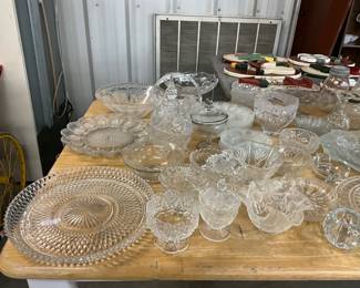 Assorted Indiana Glass, Mikasa, Federal Glass, Anchor Hocking and More Clear Glass Items Including Platters, Deviled Egg Dish, Bowls, Candy Dishes Sugar & Creamers, Nut Dishes, Plates