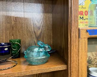 Blue Vaseline Glass Bunny Covered Dish