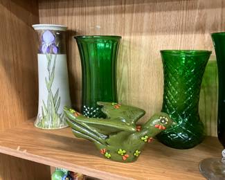 Limoges France Vase - Green Hoosier Hourglass Vase - Fitz & Floyd Dove Candle Holders