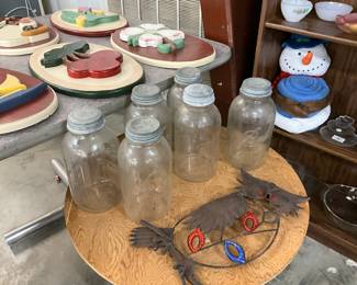 Mason Jars w/Zinc Lids - Metal Owl Wall Hanging