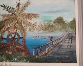 Highway Man Painting by Livingston Roberts who signed his works L.R. Scene of the first Mathers Bridge before 1963 painted on Upson Board