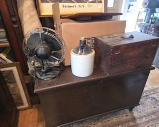 1800's Blanket boxes, Deco fan, Jugs