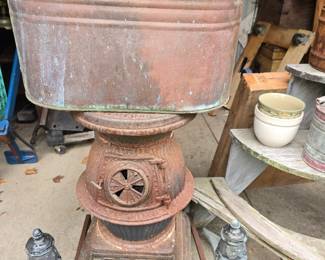 Wood stove; Andirons; Copper Boiler