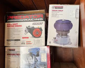 Rock tumbler, go cart engine, drill press