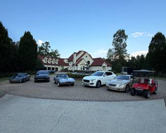 Aston Martin, Tesla model X,  Lexus, c2 corvette, Maserati, golf cart, Harley Davidson Motorcycle