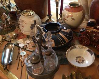 Rare antique leather hat box , antique condiment sets