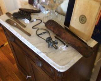 Antique metal powder flask, antique traveling musician carry case and sheet music stand