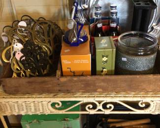 Vintage brass trivets/ silver plate on wicker etegere