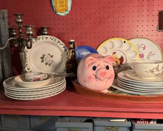 Vintage Decorative Dinnerware Set, Silverplate Candelabra, Piggy Bank
