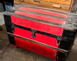 Vintage Red and Black Painted Wooden Trunk with Metal Accents