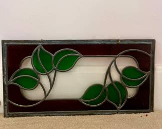Antique Stained Glass Panel with Green Leaf Design