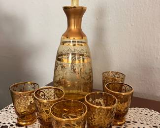Vintage Amber Glass Decanter Set with Intricate Gold Detailing