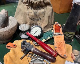 Vintage Klein Tools Canvas Tool Bag with Assorted Hand Tools and Knives