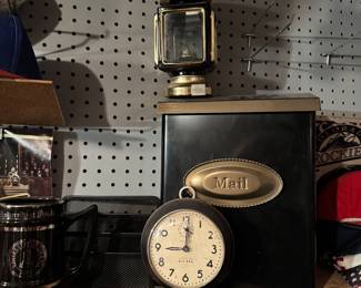Vintage Mailbox with Big Ben Metal Clock and Brass Lantern