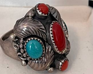Vintage Silver Ring with Turquoise and Red Coral Stones