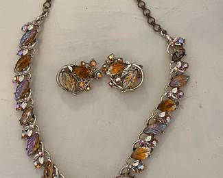 Exquisite Vintage Amber and Iridescent Leaf Design Necklace and Earring Set