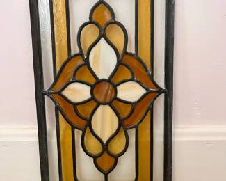 Vintage Stained Glass Panel with Floral Design in Amber and White