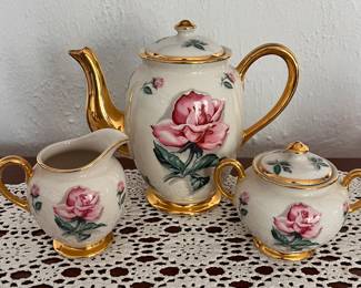 Vintage Floral Tea Set with Pink Roses and Gold Accents