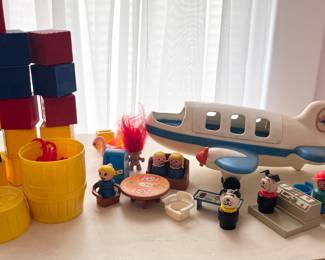 Colorful Vintage Toy Playset with Airplane, People, and Building Blocks