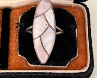 Vintage Pink Mother of Pearl Ring with Silver Setting