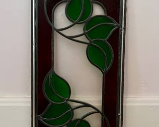 Vintage Stained Glass Panel with Green Leaf Design