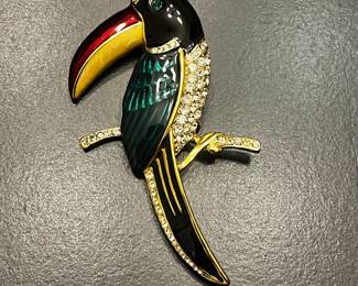 Colorful Toucan Brooch with Rhinestones and Gold Accent