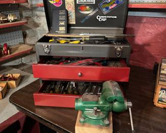 Vintage Red Metal Toolbox with Tools and More