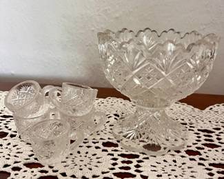 Vintage Childs Crystal Footed Punch Bowl and Miniature Cups Set