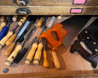 Chisels and Wood Working Tools, Tool Box with Hardware