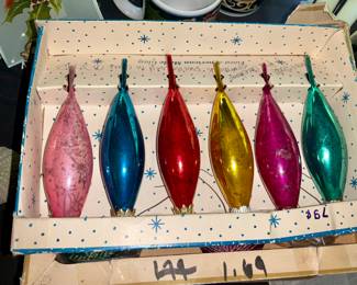 Vintage, Christmas.  set of six vintage mercury glass teardrop Christmas ornaments in various colors. 