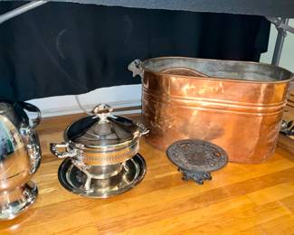 Antique Copper Steamer w/ lid. Silver plate serving pieces 