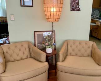 Vintage, Mid Century, Club Chairs, Excellent condition.  Custom upholstered. Capiz, Shell cigar pendant lamp