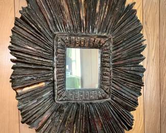 BRUTALIST,  CARVED MIRROR,  WOOD FRAME SUN BURST PLEAT