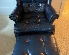 Navy Leather Club Chair with Ottoman and brass nailhead trim
